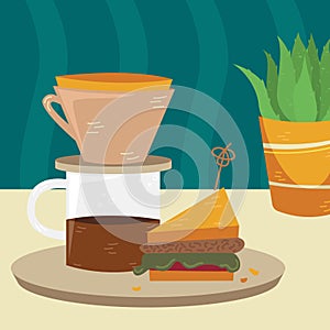 Flat vector kalita with sandwich on the table. Alternative methods of brewing coffee. Coffee culture photo
