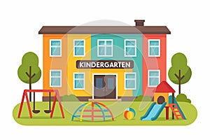 Flat vector kindergarten with playground in front and colorful faÃÂ§ade, isolated on white