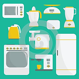 Flat vector kitchenware illustration. Kitchen appliances. Set of elements. Microwave, oven, refrigerator, coffee machine, espresso