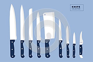 Flat vector knife collection with white and blue color.  Chef knife, butcher knife, kitchen utensil. Meat cutting dagger, meat