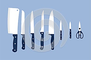 Flat vector knife collection with white and blue color. Chef knife, kitchen scissor, kitchen utensil. Meat cutting dagger, meat