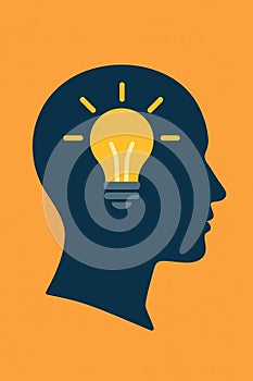 Flat vector light bulb inside head silhouette, representing positive thoughts and self-realization