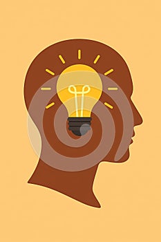 Flat vector light bulb inside head silhouette, representing positive thoughts and self-realization