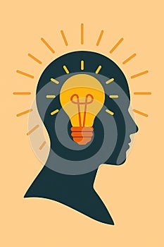 Flat vector light bulb inside head silhouette, representing positive thoughts and self-realization