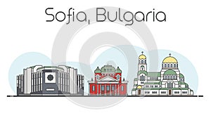 Flat vector line illustration of Sofia, Bulgaria cityscape. Famous landmarks, city sights and design icons