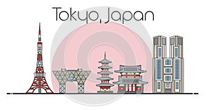 Flat vector line illustration of Tokyo, Japan cityscape. Famous landmarks, city sights and design icons on white background