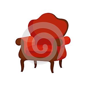 Flat vector of luxury armchair with soft red upholstery. Comfortable wooden chair. Antique furniture for lining room