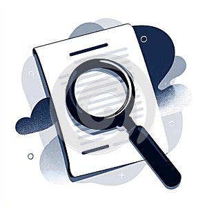 Flat vector magnifying glass over document, abstract background, symbolizing research.