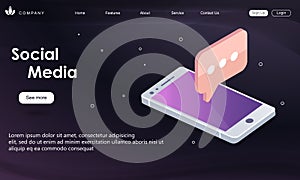 Flat vector neon website template and landing page design of smartphone with speech bubble message from friends