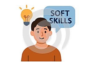 Flat vector person with speech bubble and lightbulb icon above head, representing soft skills, isolated