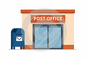 Flat vector post office with mailbox out front and sliding doors, isolated on white