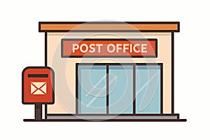 Flat vector post office with mailbox out front and sliding doors, isolated on white