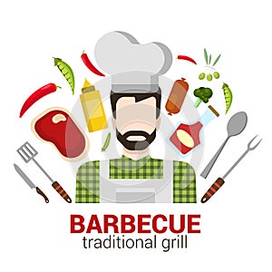 Flat vector professional cook: restaurant barbecue grill icon