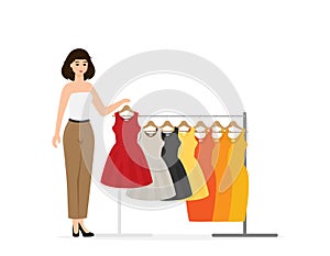 Flat vector racks with clothes on hangers. Girl Shopping