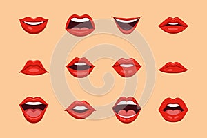 Flat Vector Red Female Lips Icon Set Closeup. Woman Lips, Different Expressions, Emotions. Smile, Kiss, Beauty Concept