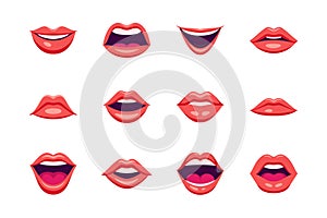Flat Vector Red Female Lips Icon Set Closeup. Woman Lips, Different Expressions, Emotions. Smile, Kiss, Beauty Concept