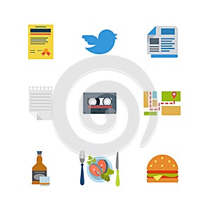 Flat vector restaurant tweet audio map whiskey burger web icons