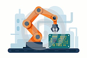 Flat vector robot arm assembling circuits on board, flat futuristic factory scene, isolated on white
