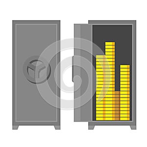Flat vector safe - closed and open. Strongbox with money.