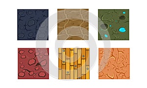 Flat vector set of 6 textures and materials for mobile game. Wood, dry soil, ground with cracks. Different seamless