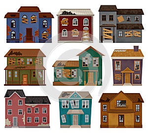 Flat vector set of abandoned houses with broken roof, boarded up windows and doors. Two-storey buildings. Architecture