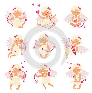 Flat vector set of adorable cupid in different actions. Angel of love. Cartoon little girl with wings, bow and arrows