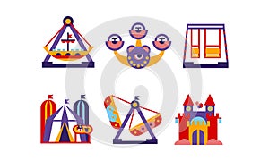 Flat vector set of amusement park elements. Funfair attractions, carousels and circus tent