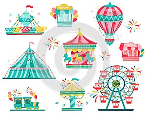 Flat vector set of amusement park equipment. Carnival carousels, ticket booth and ice-cream stall. Entertainment theme