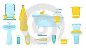 Flat vector set of bathroom items. Bath with foam and rubber duck, bathrobe and towel, cosmetics for skin care and