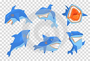 Flat vector set of big blue shark. Marine fish with sharp teeth and large fin on back. Elements for stickers or mobile