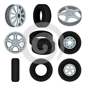 Flat vector set of car disks and tires. Alloy wheels. Elements for advertising banner or poster of auto service or shop