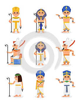 Flat vector set of cartoon Egyptian pharaohs and queens. Rulers of ancient Egypt. Men and women characters traditional