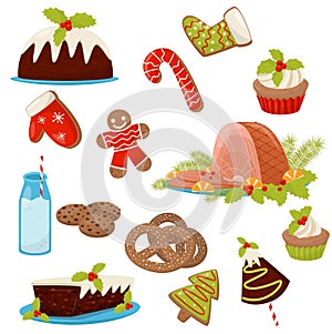 Flat vector set of Christmas food and drinks. Appetizing ham, homemade cakes, pretzels, candy cane, milk, cookies and
