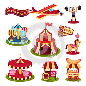 Flat vector set of circus icons. Carousels, carts with fast food, tickets, strong man, plane with banner