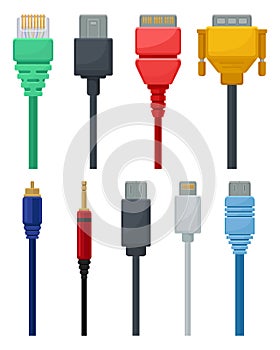 Flat vector set of colorful cables. Video and audio, USB, DVI and network data connector. Connection technology theme