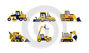 Flat vector set of colorful construction vehicles. Excavator, wheel loader, bulldozer, grader. Heavy equipment for