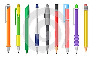 Flat vector set of colorful pens and pencils. Stationery supply. School or office tools for writing and drawing