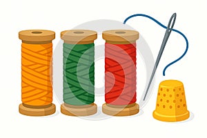 Flat vector set of colorful sewing threads on spools with needle and thimble, isolated on white