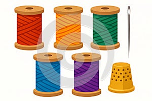 Flat vector set of colorful sewing threads on spools with needle and thimble, isolated on white