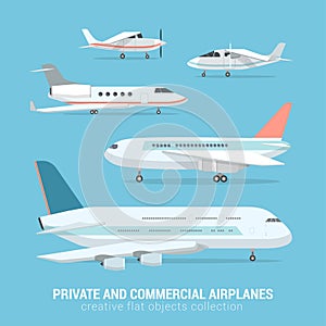 Flat vector set of commercial private airplanes: plane, aircraft