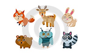 Flat vector set of cute animals. Deer, red fox, bunny, bear, owl and raccoon. Cartoon characters of forest creatures