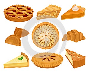 Flat vector set of delicious bakery products. Pies with different fillings, fresh croissant and cheesecake. Sweet food