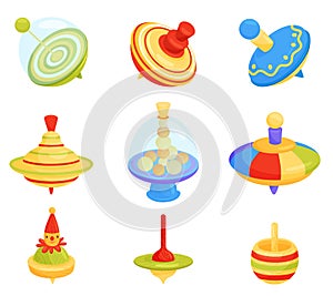 Flat vector set of different humming top icons. Children whirligig toys. Kids development game