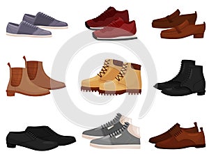 Flat vector set of different male and female shoes, side view. Casual and formal men footwear. Fashion theme