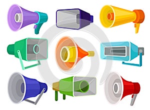 Flat vector set of different megaphones. Loud-speakers. Objects for announcement public message