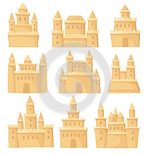 Flat vector set of different sand castles. Fortress with towers. Beach holiday theme. Elements for children book, mobile photo