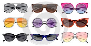 Flat vector set of different types sunglasses. Protective eyewear. Fashion unisex spectacles. Elements for poster or