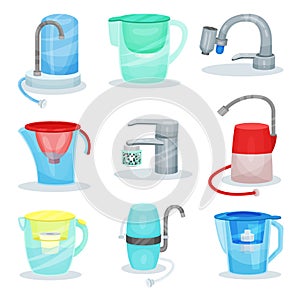 Flat vector set of different water filters. Metal kitchen faucets with purifiers. Glass jugs with filter cartridges