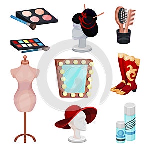 Flat vector set of dressing room icons. Cosmetic products for makeup, accessories and mannequins with wig and hat