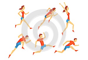 Flat vector set with energetic man and woman in running action. Athletes in sportswear. Professional runners. Active